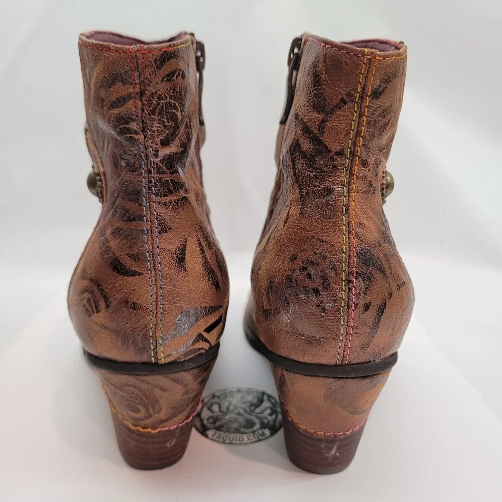 Spring Step L'Artiste Ankle Boots Womens Brown Gold Floral Leather 39